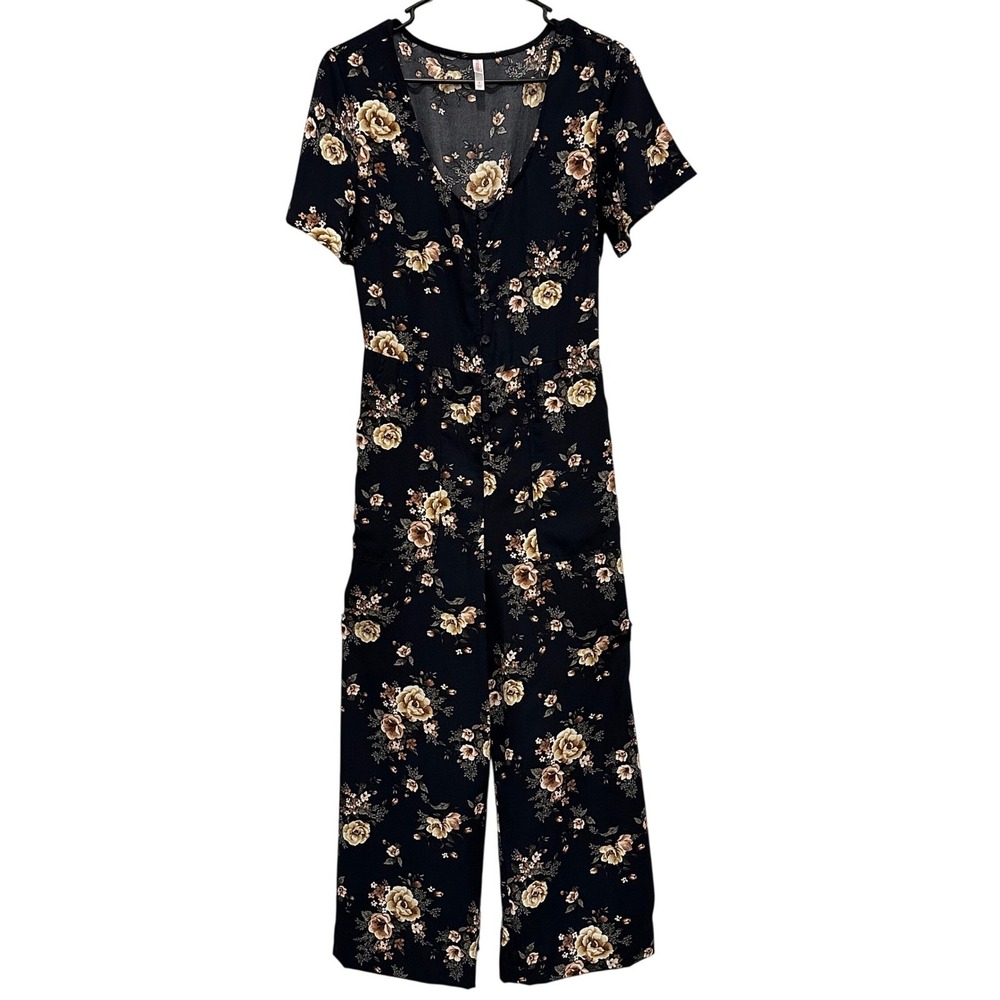 Xhilaration Womens Floral Button Front Wide Leg Jumpsuit Navy Blue Small 582